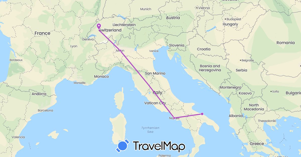 TravelMap itinerary: train in Switzerland, Italy (Europe)